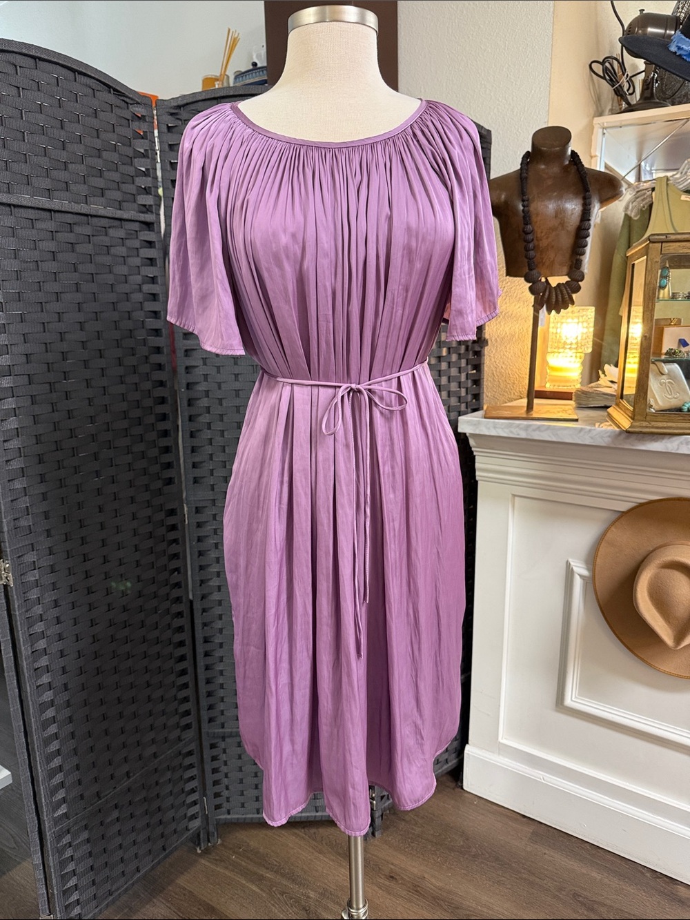 Margaret O'Leary Flutter Sleeve Belted Shift Dress Size Small in Lilac Mauve